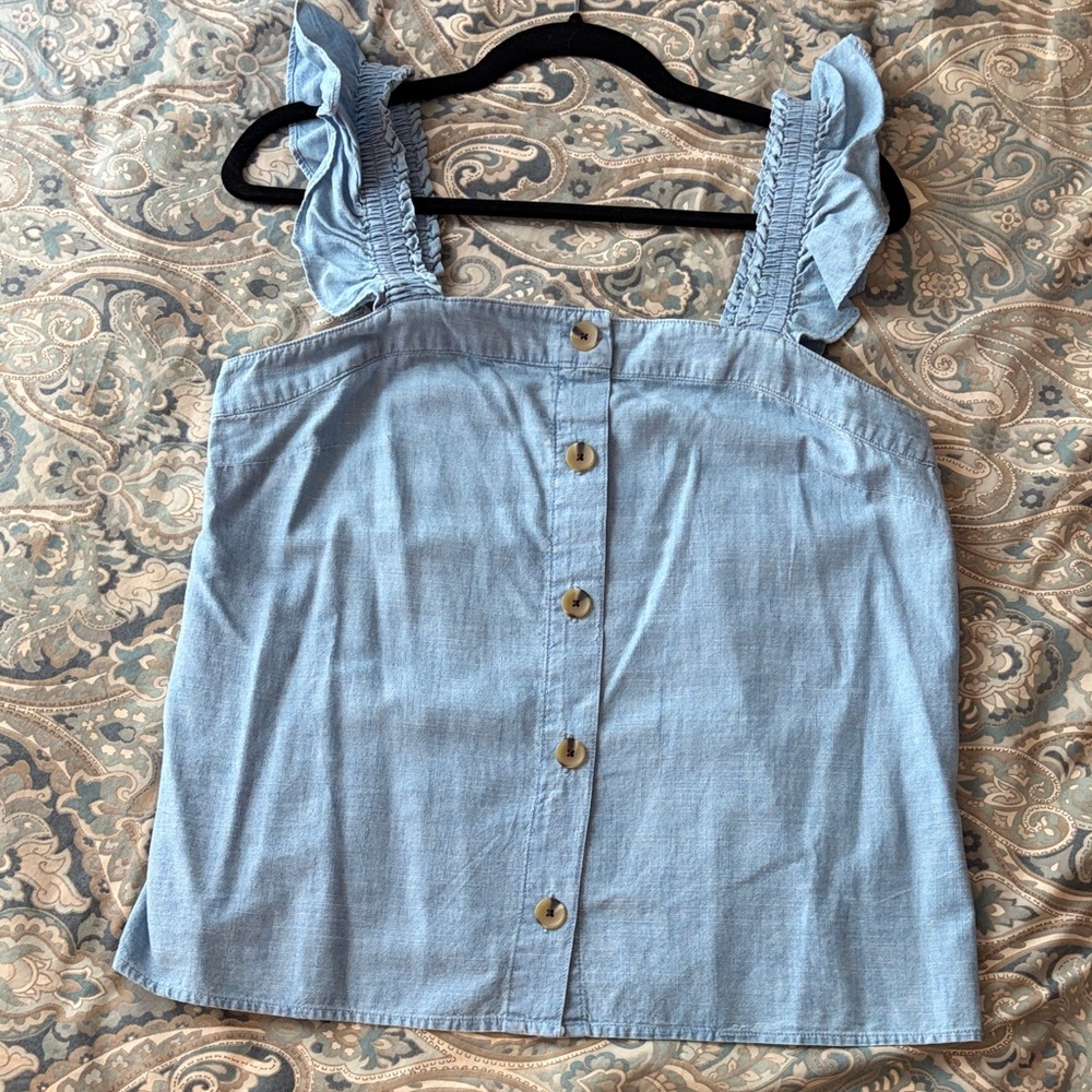 Chambray Ruffle Strap Button-Front Women’s Top